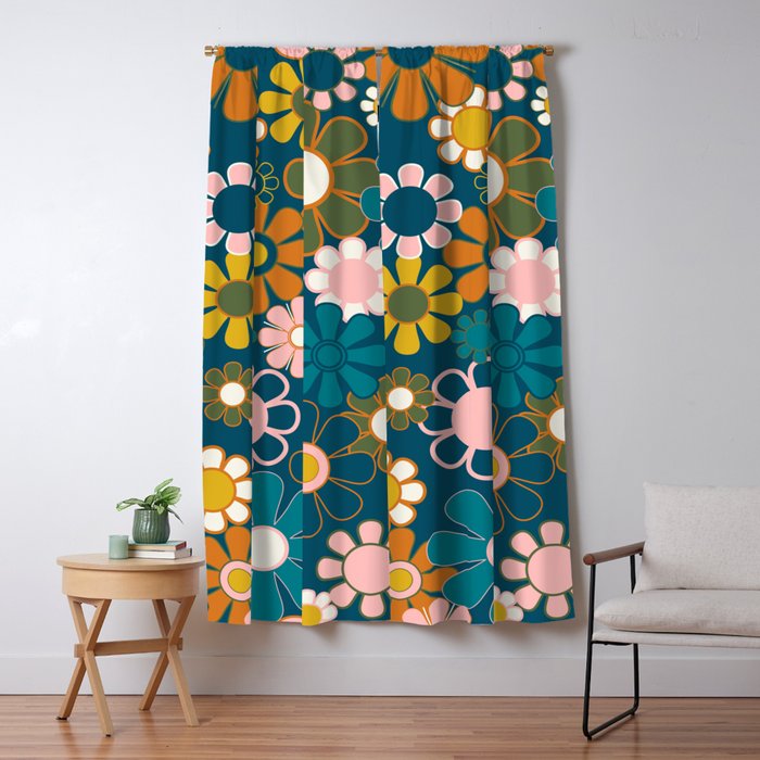 Pretty Groovy Retro Garden Floral Pattern Blue Pink Orange Olive 2 Window Curtain Gallery Image 1