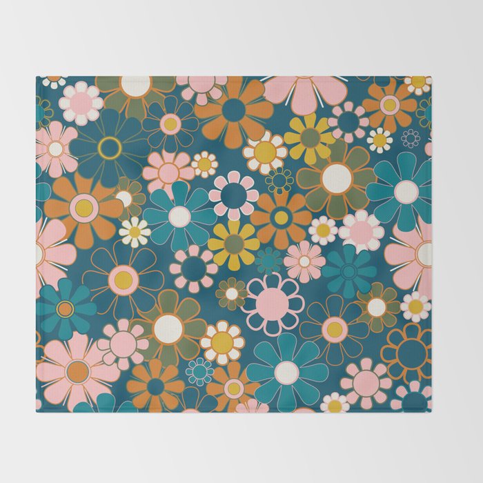 Pretty Groovy Retro Garden Floral Pattern Blue Pink Orange Olive 2 Throw Blanket Gallery Image 2