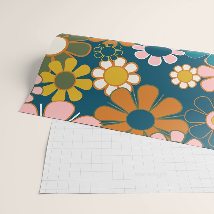 Pretty Groovy Retro Garden Floral Pattern Blue Pink Orange Olive 2 Wrapping Paper Gallery Image 2