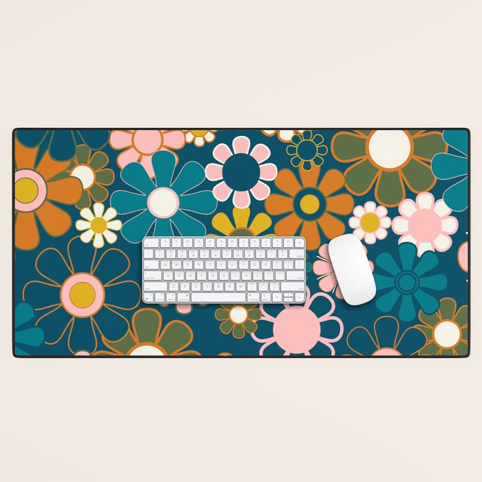 Pretty Groovy Retro Garden Floral Pattern Blue Pink Orange Olive 2 Desk Mat Gallery Image 1