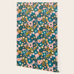 Pretty Groovy Retro Garden Floral Pattern Blue Pink Orange Olive 2 Wallpaper Gallery Image 2