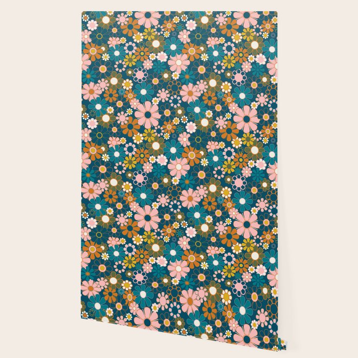 Pretty Groovy Retro Garden Floral Pattern Blue Pink Orange Olive 2 Wallpaper Gallery Image 2