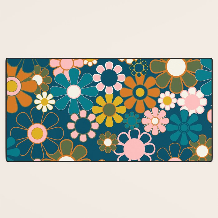 Pretty Groovy Retro Garden Floral Pattern Blue Pink Orange Olive 2 Desk Mat Gallery Image 3