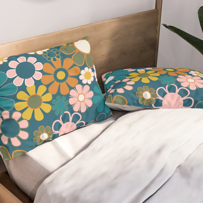 Pretty Groovy Retro Garden Floral Pattern Blue Pink Orange Olive 2 Pillow Sham Gallery Image 2