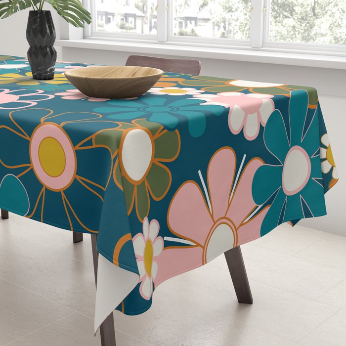 Pretty Groovy Retro Garden Floral Pattern Blue Pink Orange Olive 2 Tablecloth Gallery Image 3
