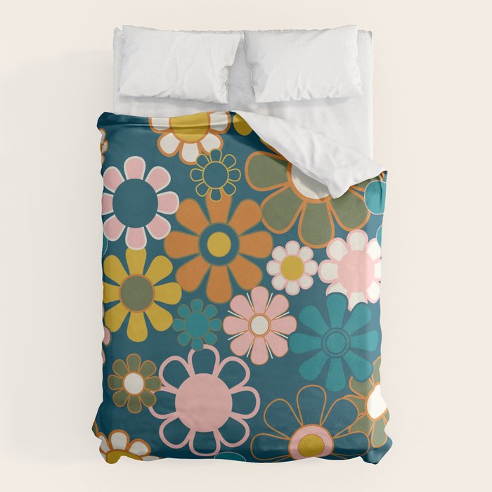 Pretty Groovy Retro Garden Floral Pattern Blue Pink Orange Olive 2 Duvet Cover Gallery Image 1