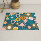 Pretty Groovy Retro Garden Floral Pattern Blue Pink Orange Olive 2 Rug Gallery Image 1