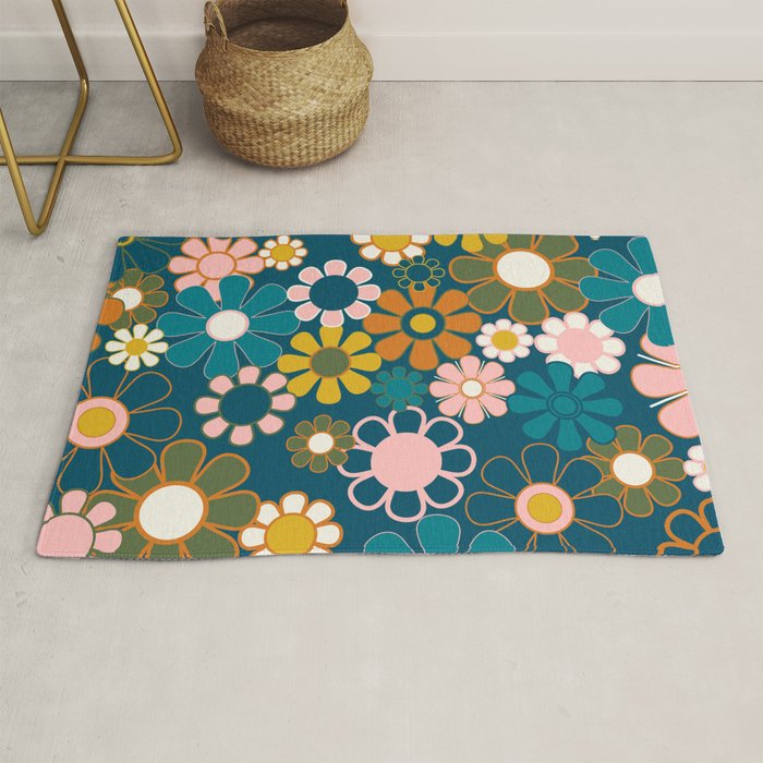 Pretty Groovy Retro Garden Floral Pattern Blue Pink Orange Olive 2 Rug Gallery Image 1