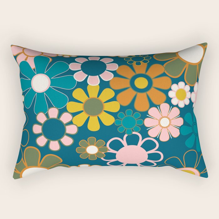 Pretty Groovy Retro Garden Floral Pattern Blue Pink Orange Olive 2 Rectangular Pillow Gallery Image 2