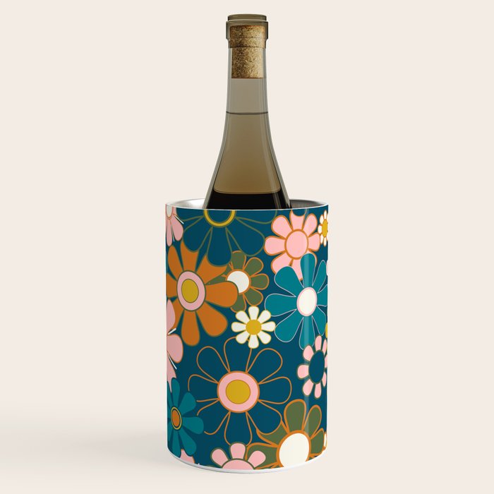 Pretty Groovy Retro Garden Floral Pattern Blue Pink Orange Olive 2 Wine Chiller Gallery Image 2