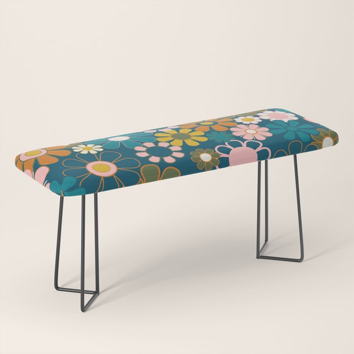 Pretty Groovy Retro Garden Floral Pattern Blue Pink Orange Olive 2 Bench Gallery Image 1