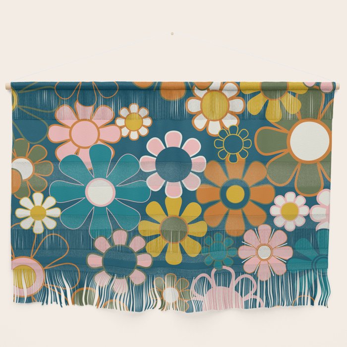 Pretty Groovy Retro Garden Floral Pattern Blue Pink Orange Olive 2 Wall Hanging Gallery Image 1