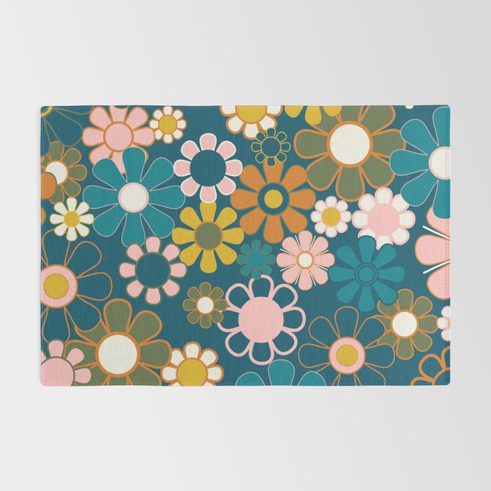 Pretty Groovy Retro Garden Floral Pattern Blue Pink Orange Olive 2 Rug Gallery Image 2