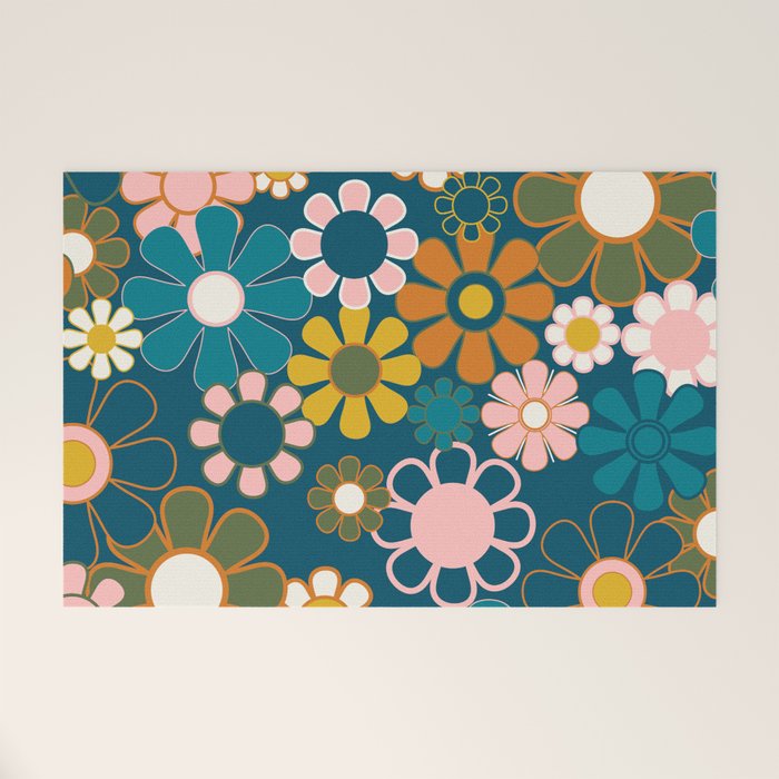 Pretty Groovy Retro Garden Floral Pattern Blue Pink Orange Olive 2 Welcome Mat Gallery Image 1