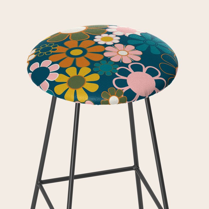 Pretty Groovy Retro Garden Floral Pattern Blue Pink Orange Olive 2 Stool Gallery Image 2