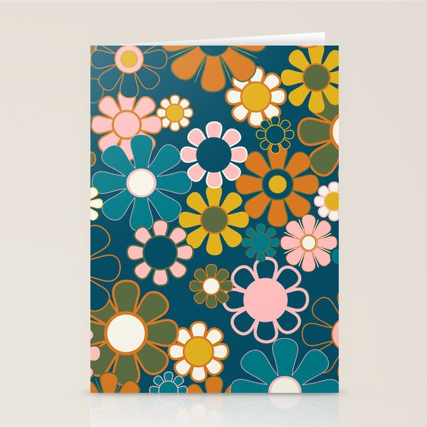 Pretty Groovy Retro Garden Floral Pattern Blue Pink Orange Olive 2 Stationery Card Gallery Image 1