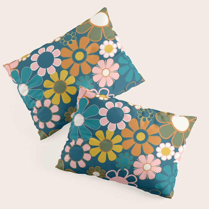 Pretty Groovy Retro Garden Floral Pattern Blue Pink Orange Olive 2 Pillow Sham Gallery Image 3