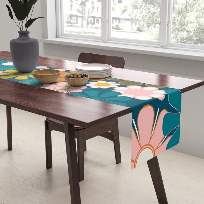 Pretty Groovy Retro Garden Floral Pattern Blue Pink Orange Olive 2 Table Runner Gallery Image 2