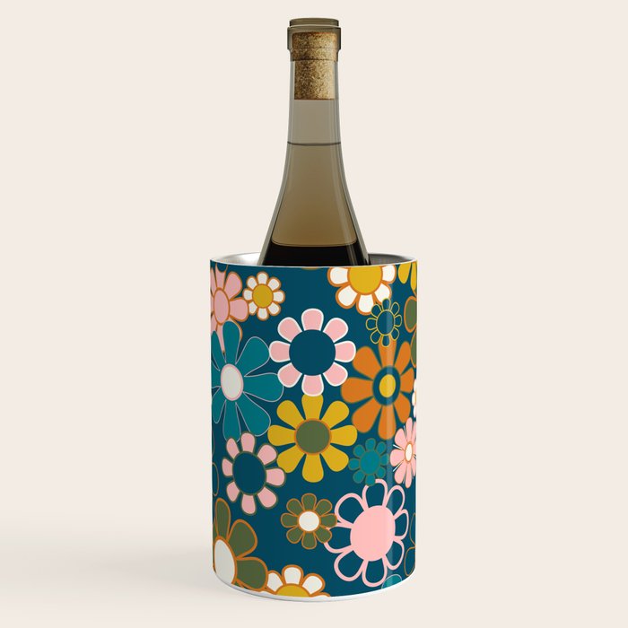 Pretty Groovy Retro Garden Floral Pattern Blue Pink Orange Olive 2 Wine Chiller Gallery Image 1