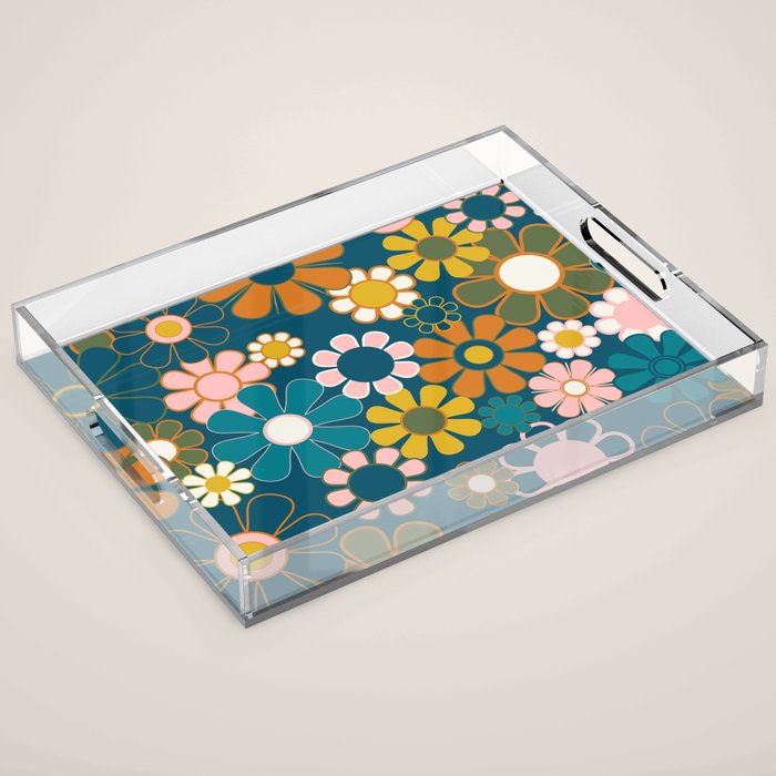Pretty Groovy Retro Garden Floral Pattern Blue Pink Orange Olive 2 Acrylic Tray Gallery Image 1