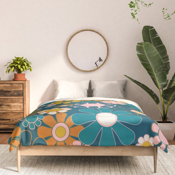 Pretty Groovy Retro Garden Floral Pattern Blue Pink Orange Olive 2 Comforter Gallery Image 3