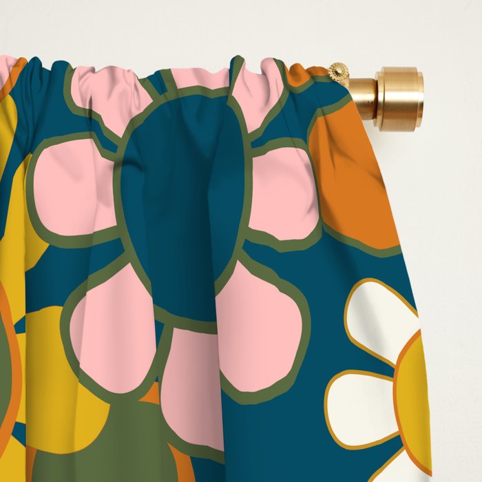 Pretty Groovy Retro Garden Floral Pattern Blue Pink Orange Olive 2 Window Curtain Gallery Image 2