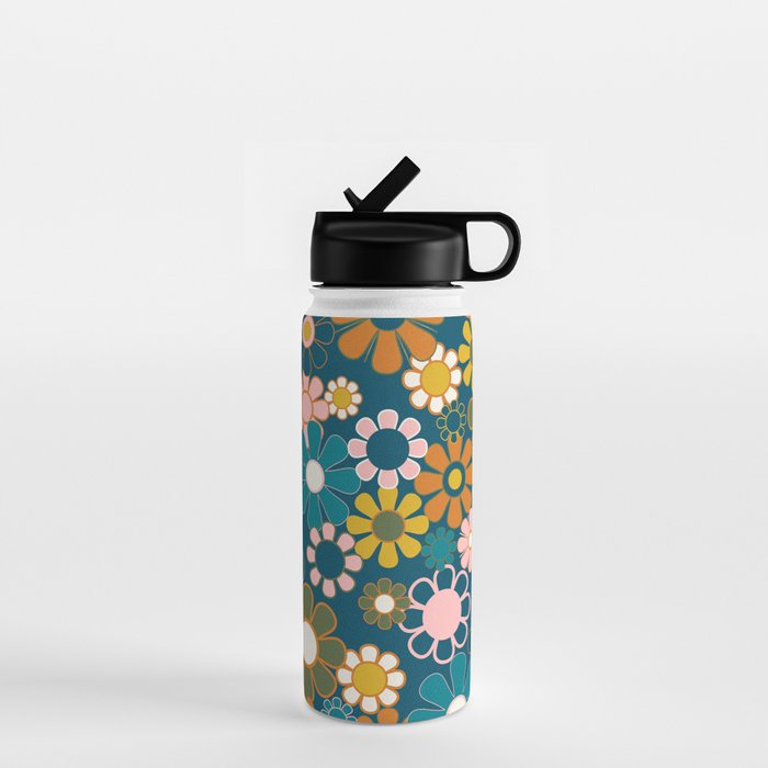 Pretty Groovy Retro Garden Floral Pattern Blue Pink Orange Olive 2 Water Bottle Gallery Image 1
