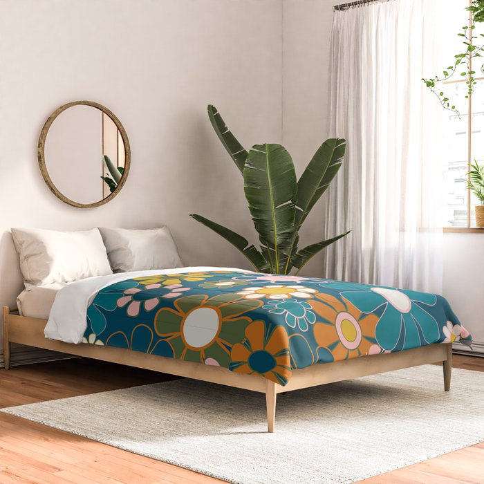 Pretty Groovy Retro Garden Floral Pattern Blue Pink Orange Olive 2 Comforter Gallery Image 2