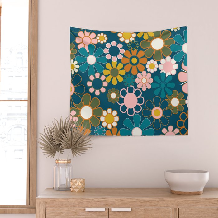 Pretty Groovy Retro Garden Floral Pattern Blue Pink Orange Olive 2 Wall Tapestry Gallery Image 2