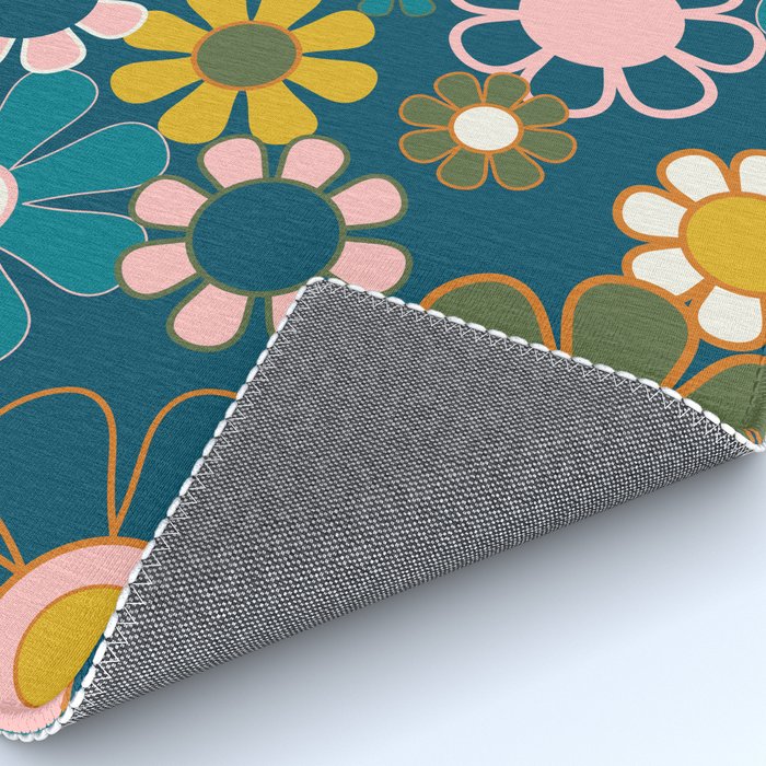 Pretty Groovy Retro Garden Floral Pattern Blue Pink Orange Olive 2 Rug Gallery Image 4