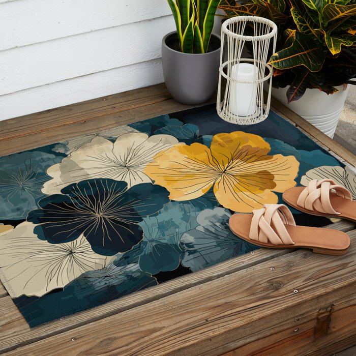 Floral Navy Honey Outdoor Rug Gallery Image 2