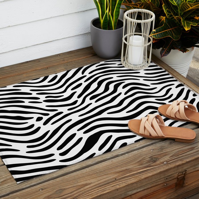 Black and white zebra stripe print art pattern Outdoor Rug Gallery Image 2