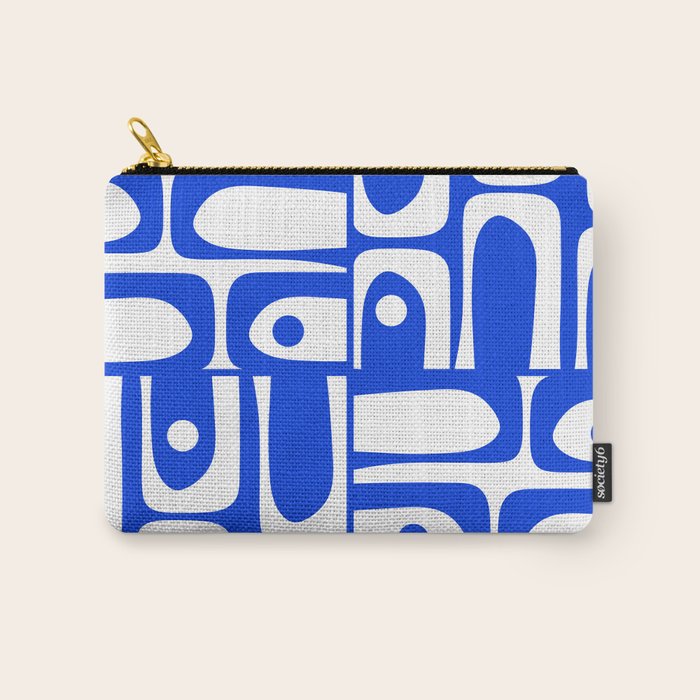 Mid Century Modern Piquet Multi Abstract Geometric Pattern Royal Blue and White Carry All Pouch Gallery Image 1