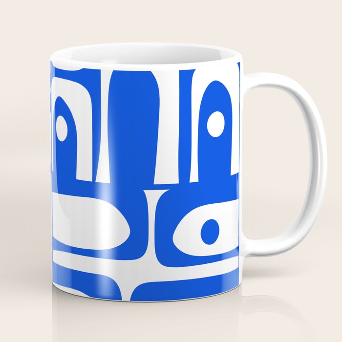 Mid Century Modern Piquet Multi Abstract Geometric Pattern Royal Blue and White Coffee Mug Gallery Image 1