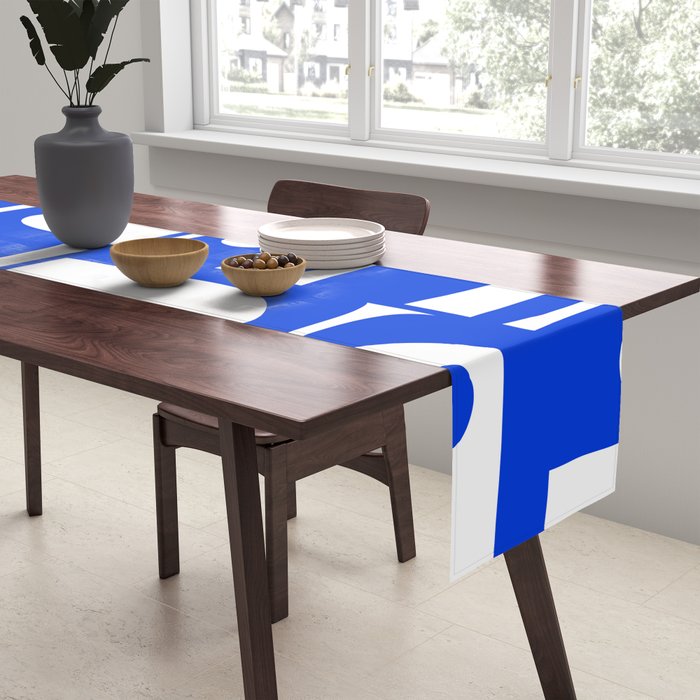 Mid Century Modern Piquet Multi Abstract Geometric Pattern Royal Blue and White Table Runner Gallery Image 2