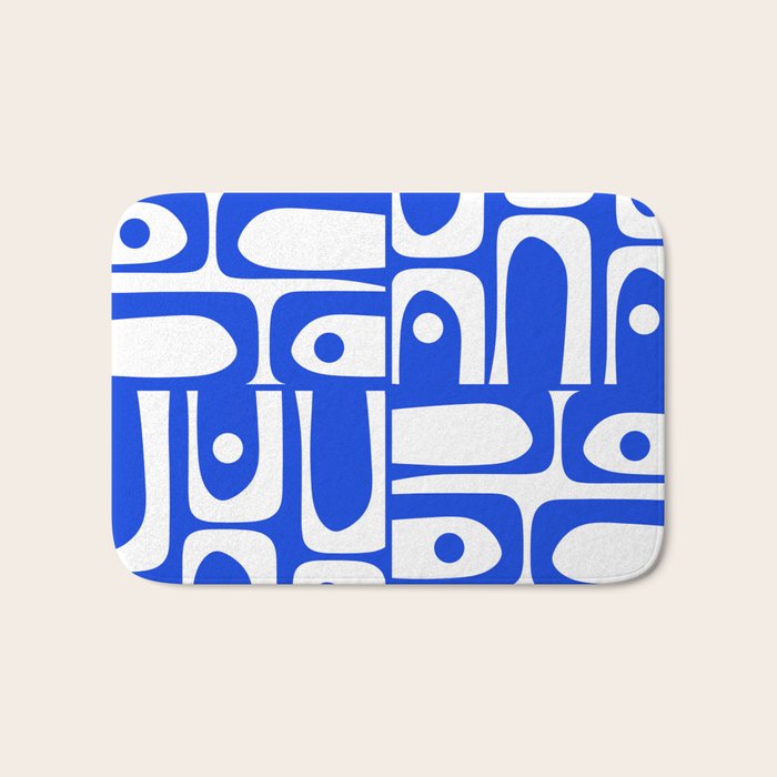 Mid Century Modern Piquet Multi Abstract Geometric Pattern Royal Blue and White Bath Mat Gallery Image 1