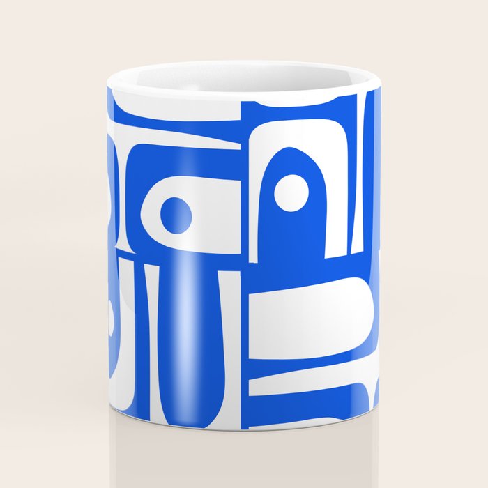Mid Century Modern Piquet Multi Abstract Geometric Pattern Royal Blue and White Coffee Mug Gallery Image 4
