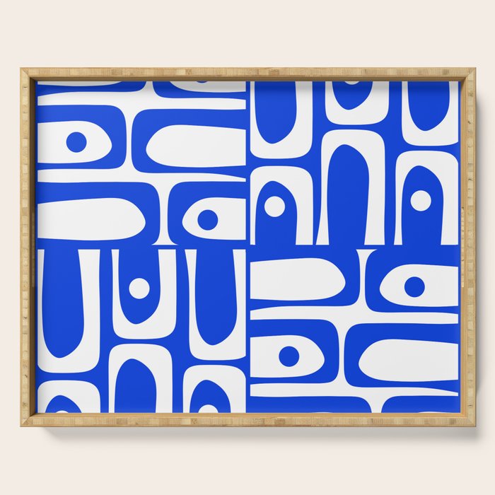 Mid Century Modern Piquet Multi Abstract Geometric Pattern Royal Blue and White Serving Tray Gallery Image 1