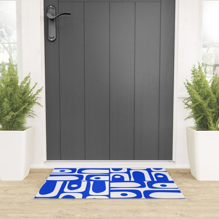 Mid Century Modern Piquet Multi Abstract Geometric Pattern Royal Blue and White Welcome Mat Gallery Image 3