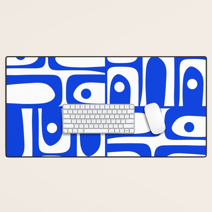 Mid Century Modern Piquet Multi Abstract Geometric Pattern Royal Blue and White Desk Mat Gallery Image 1