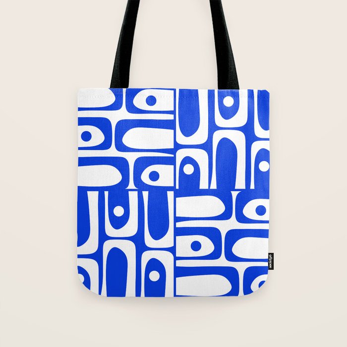 Mid Century Modern Piquet Multi Abstract Geometric Pattern Royal Blue and White Tote Bag Gallery Image 1
