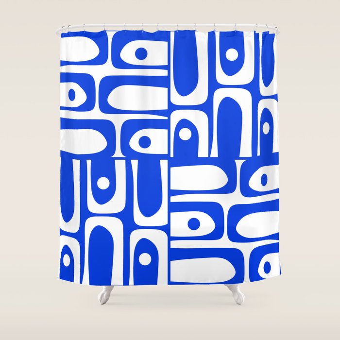 Mid Century Modern Piquet Multi Abstract Geometric Pattern Royal Blue and White Shower Curtain Gallery Image 1