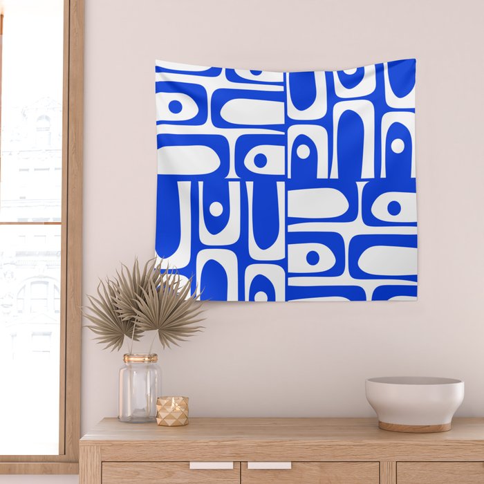 Mid Century Modern Piquet Multi Abstract Geometric Pattern Royal Blue and White Wall Tapestry Gallery Image 2