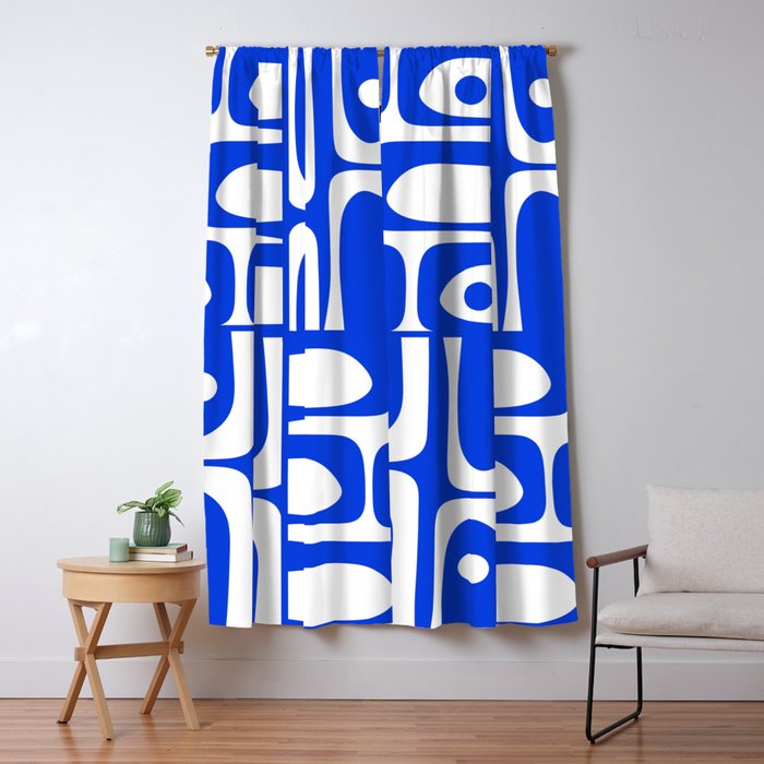 Mid Century Modern Piquet Multi Abstract Geometric Pattern Royal Blue and White Window Curtain Gallery Image 5
