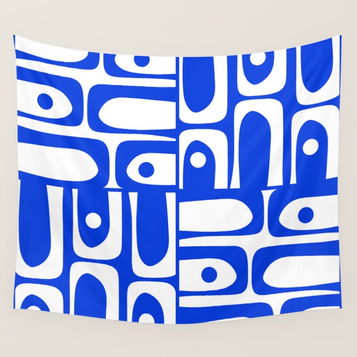 Mid Century Modern Piquet Multi Abstract Geometric Pattern Royal Blue and White Wall Tapestry Gallery Image 4