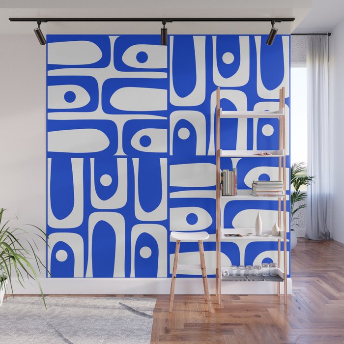 Mid Century Modern Piquet Multi Abstract Geometric Pattern Royal Blue and White Wall Mural Gallery Image 1