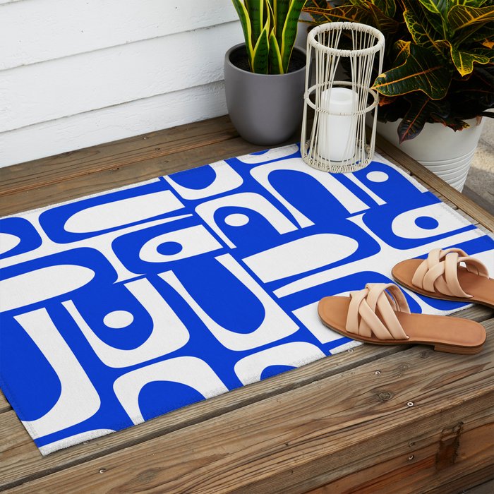 Mid Century Modern Piquet Multi Abstract Geometric Pattern Royal Blue and White Outdoor Rug Gallery Image 2