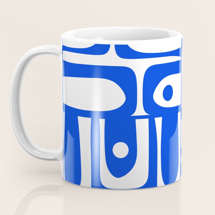 Mid Century Modern Piquet Multi Abstract Geometric Pattern Royal Blue and White Coffee Mug Gallery Image 3