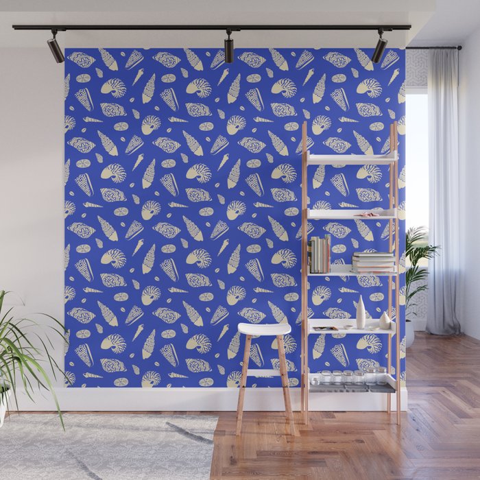 Vintage blue sea shell summer art pattern Wall Mural Gallery Image 1