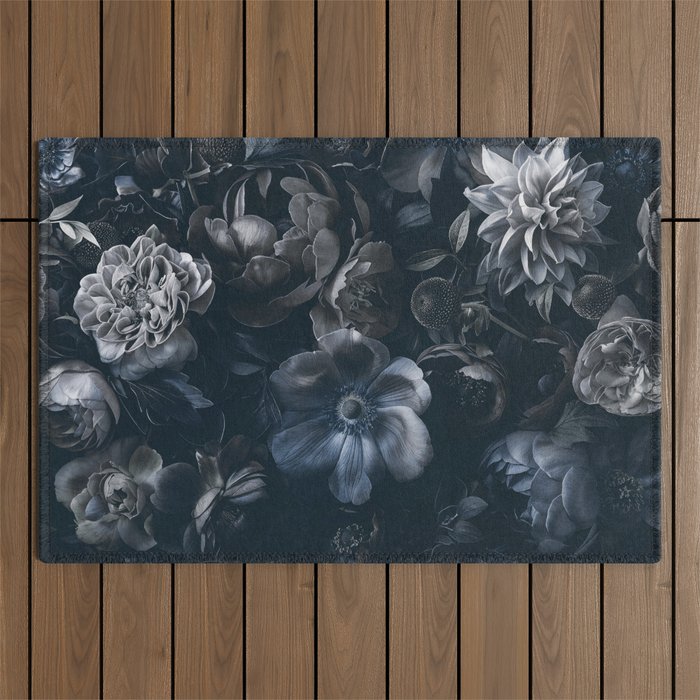 Midnight Blue Lush Moody Flowers Baroque Grandeur Outdoor Rug Gallery Image 1